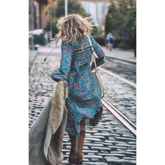 SPELL Folk Town Boho Midi Dress Turquoise Floral Long Sleeve RARE Small - Picture 8 of 16